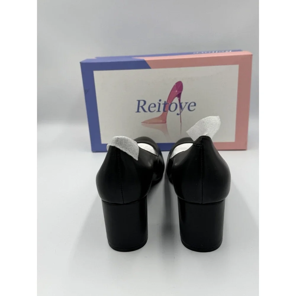 Reitoye Women's Black Chunky Heel Pumps Round Toe Dress Shoes Size 9.5 New